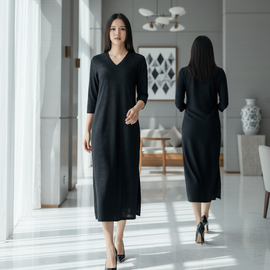 6463D - Emboss Shift Dress, 3/4 Sleeves