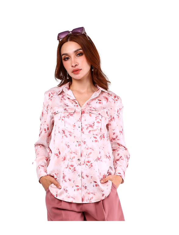 6099B - Long Sleeves Shirt Pink Flower Printed Shiny Fabric