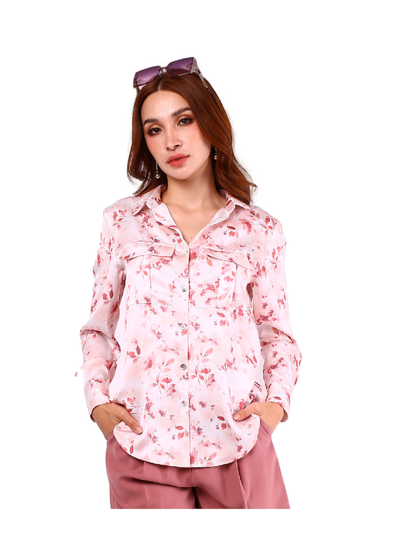 6099B - Long Sleeves Shirt Pink Flower Printed Shiny Fabric