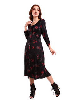 6126D - Floral Fabric Dress with Drawstring Neckline Long Sleeves