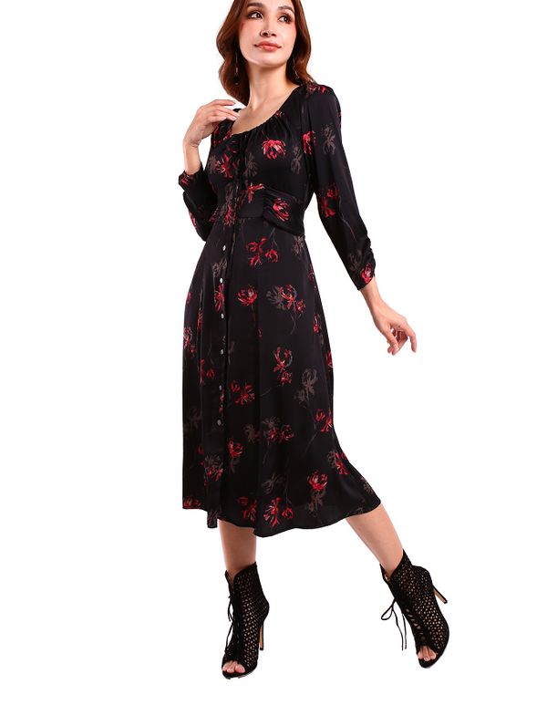 6126D - Floral Fabric Dress with Drawstring Neckline Long Sleeves