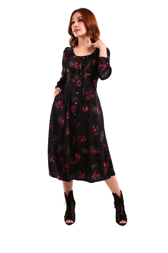 6126D - Floral Fabric Dress with Drawstring Neckline Long Sleeves