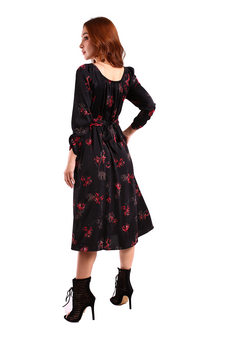 6126D - Floral Fabric Dress with Drawstring Neckline Long Sleeves