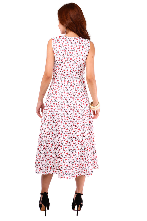 6141D - Rose Printed Square Neck Sleeveless Dress