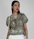 6158B - Ruffle V-Neck Short Sleeve Graphic Printing Shirt