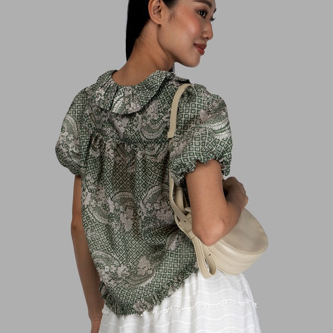 6158B - Ruffle V-Neck Short Sleeve Graphic Printing Shirt