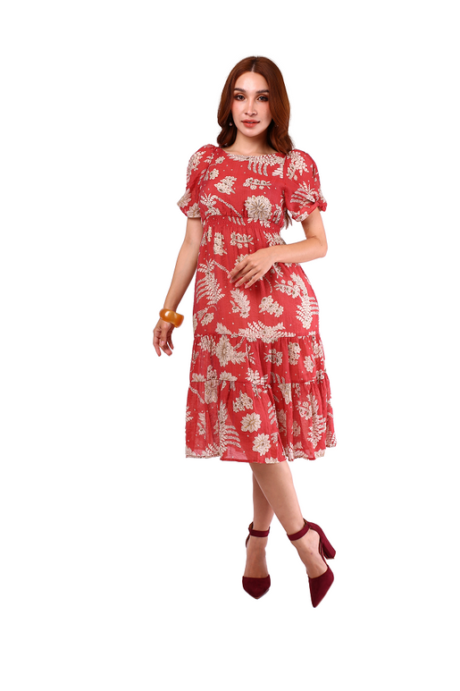 6160D - Flower Printed Wide Neck Short Sleeves Drop Waist Dress