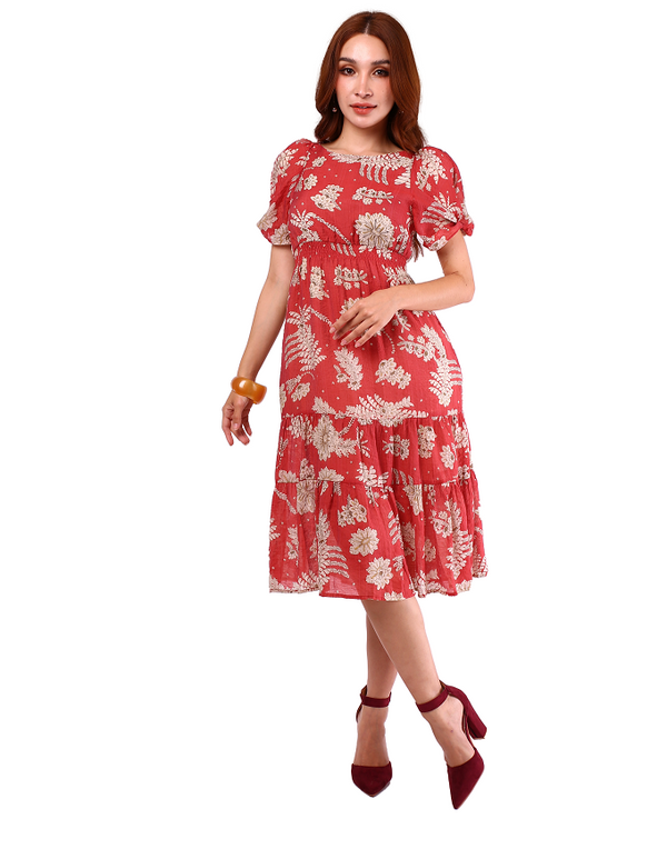 6160D - Flower Printed Wide Neck Short Sleeves Drop Waist Dress