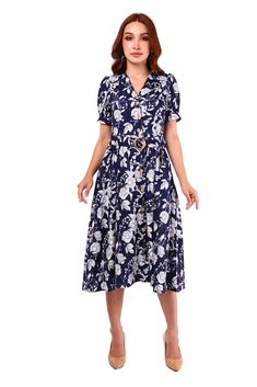 6186D - Suit Collar Short Sleeves Long Dress with Navy Printing