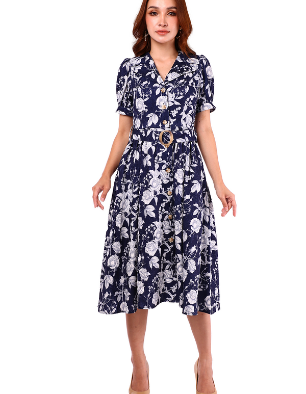 6186D - Suit Collar Short Sleeves Long Dress with Navy Printing