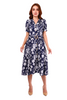 6186D - Suit Collar Short Sleeves Long Dress with Navy Printing