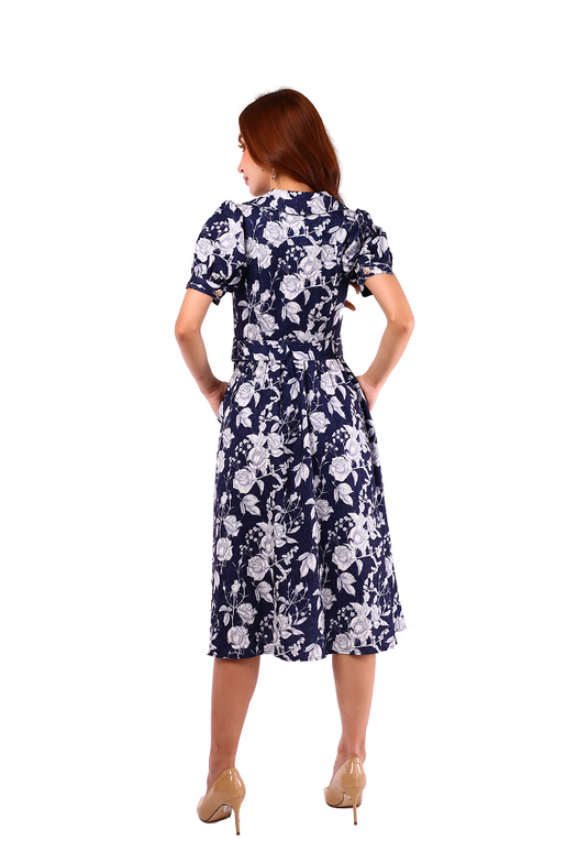 6186D - Suit Collar Short Sleeves Long Dress with Navy Printing