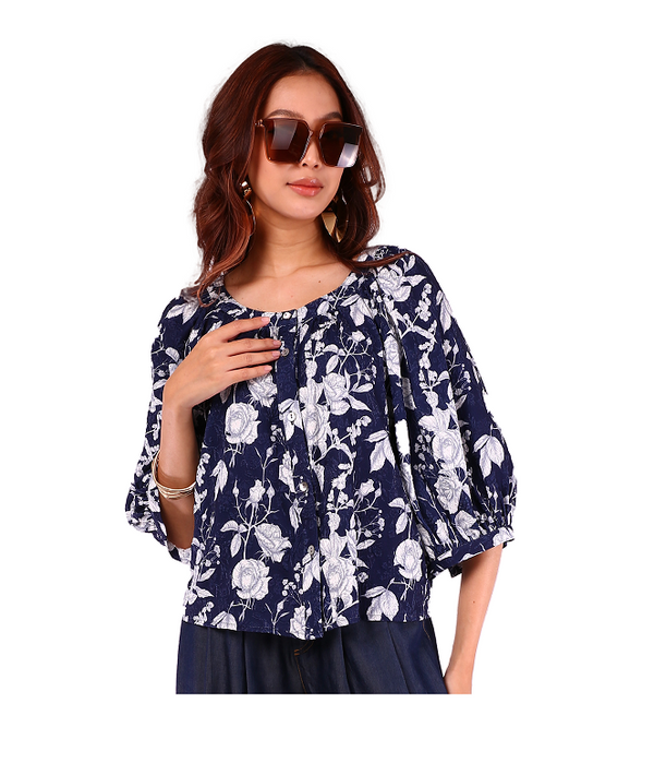 6187B - White Rose Printed Wide Neck 3/4 Balloon Sleeves Shirt