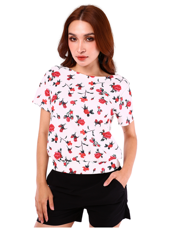 6196B - Wide Neck SS Blooming Rose T-Shirt 3D