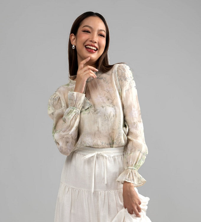 6201B - Stand Collar Long Sleeves Shirt Floral Printing