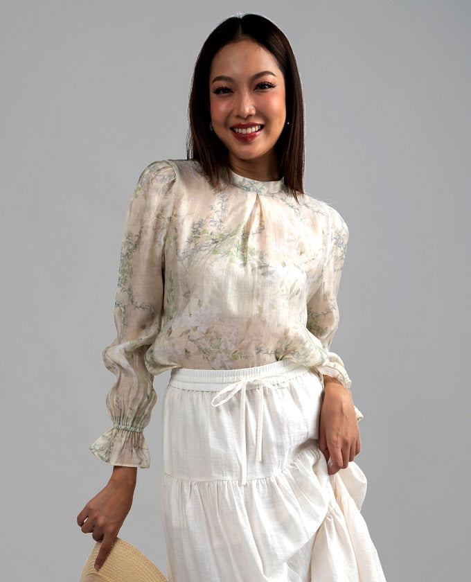 6201B - Stand Collar Long Sleeves Shirt Floral Printing