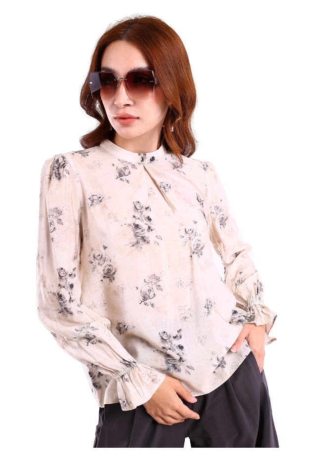 6201B - Soft Rose Printed Stand Collar Shirt Long Sleeves