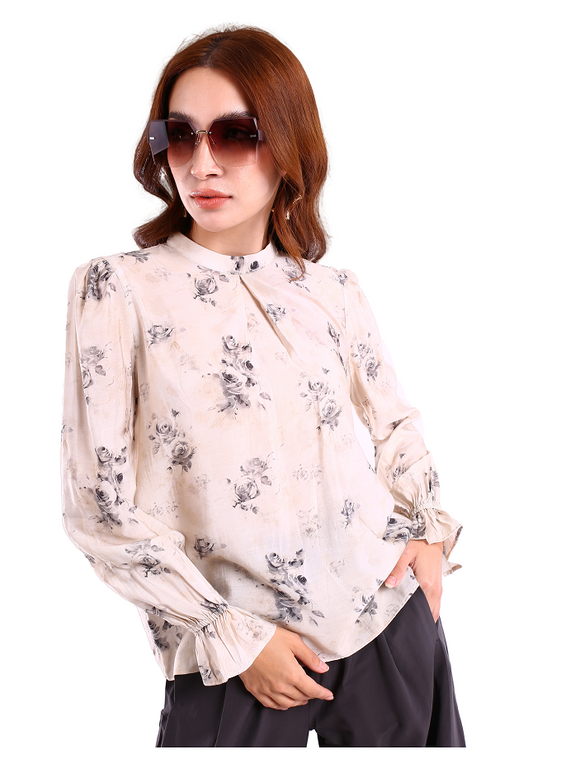 6201B - Soft Rose Printed Stand Collar Shirt Long Sleeves