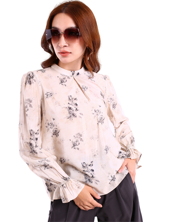 6201B - Soft Rose Printed Stand Collar Shirt Long Sleeves