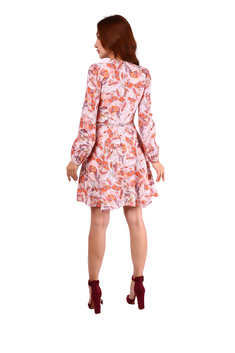 6204D - Autumn Leaf Printed V-Neck Skater Dress Long Sleeves