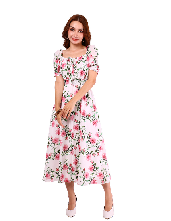 6205D - Pink Rose Printing Smock Dress Balloon Sleeves