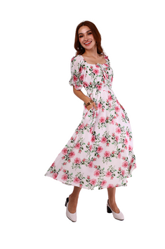 6205D - Pink Rose Printing Smock Dress Balloon Sleeves