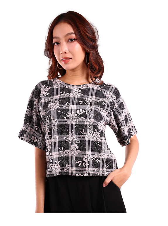 6212ฺB - Flower checkered woven Top Crop T-Shirt Short Sleeves