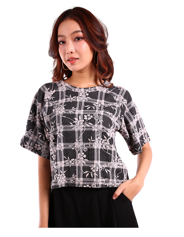 6212ฺB - Flower checkered woven Top Crop T-Shirt Short Sleeves