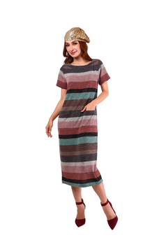 6222D - Vintage Stripes Wide Neck Short Sleeves Long Dress