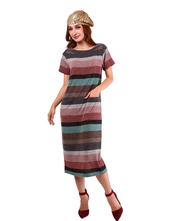 6222D - Vintage Stripes Wide Neck Short Sleeves Long Dress