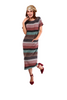 6222D - Vintage Stripes Wide Neck Short Sleeves Long Dress