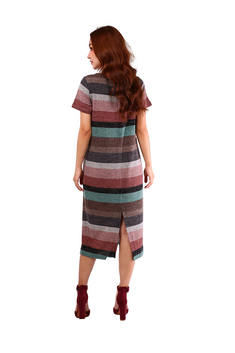 6222D - Vintage Stripes Wide Neck Short Sleeves Long Dress