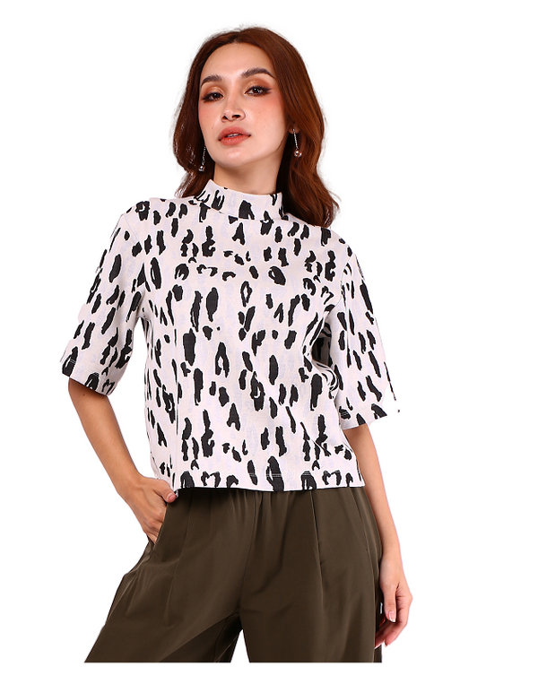 6223B - Stand Collar Oversize Shirt with Black Dot weaved