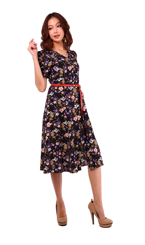 6226D - Floral Printed Dress V-Neck Short Sleeves