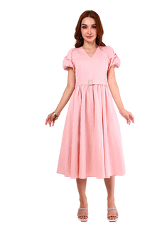 6232D - Pinky Rose V-Neck Swing Dress Puffed Sleeves