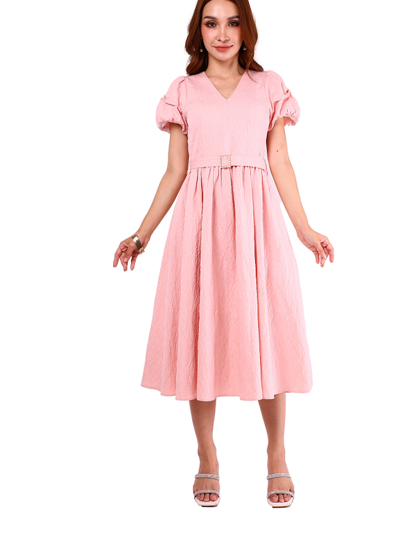 6232D - Pinky Rose V-Neck Swing Dress Puffed Sleeves