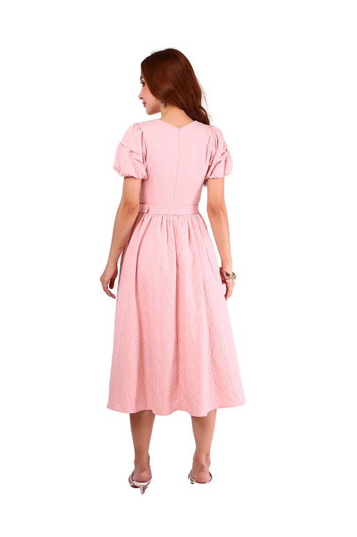 6232D - Pinky Rose V-Neck Swing Dress Puffed Sleeves