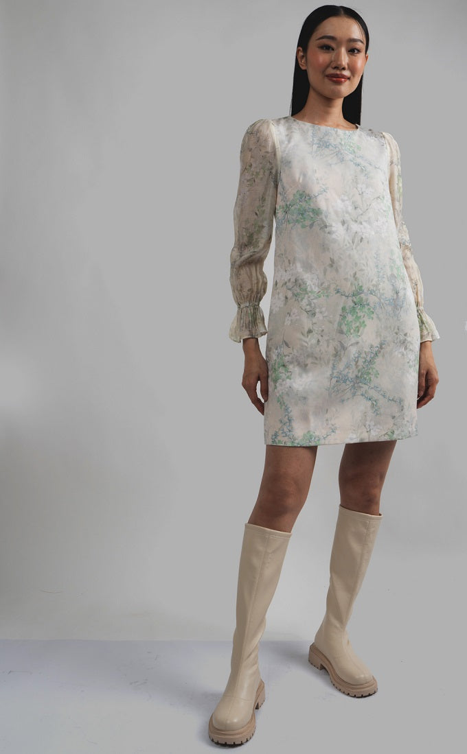 6253D - Round Neck Jabot Long Sleeves Shift Dress