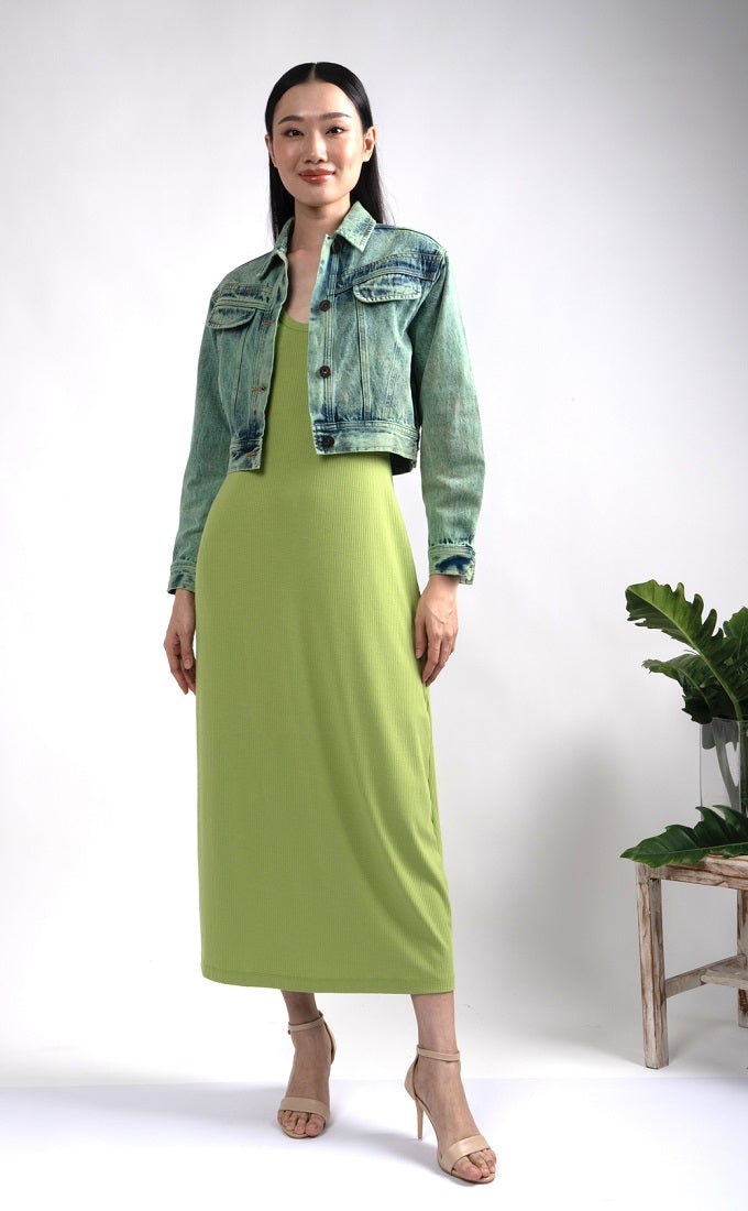 6254D - Deep Round Neck Rib Long Dress