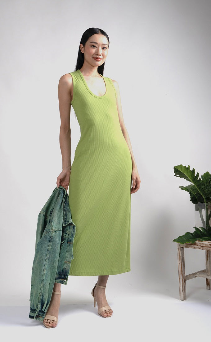 6254D - Deep Round Neck Rib Long Dress
