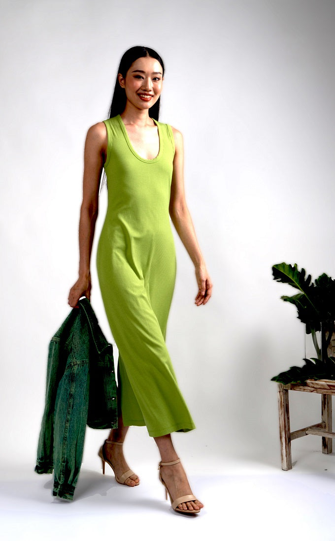 6254D - Deep Round Neck Rib Long Dress