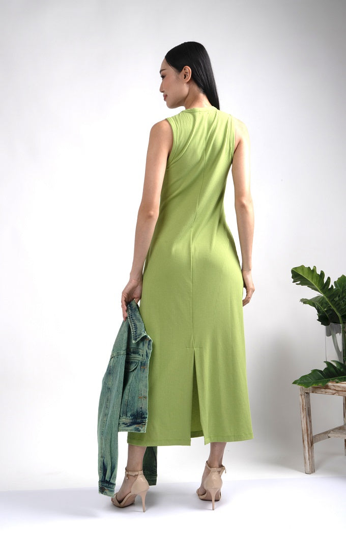 6254D - Deep Round Neck Rib Long Dress