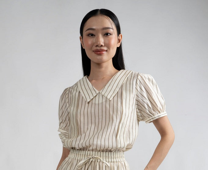 6260B - Chelsea Collar with Puffed Sleeves Stripes Blouse