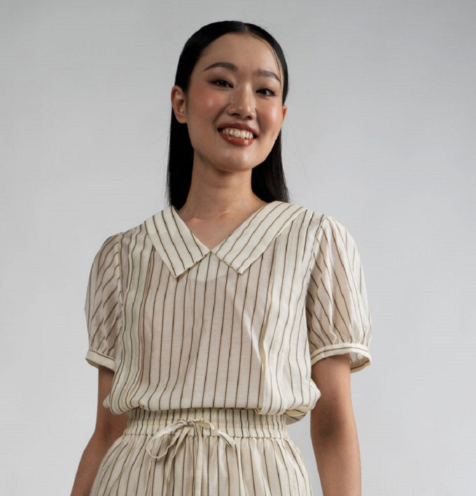 6260B - Chelsea Collar with Puffed Sleeves Stripes Blouse
