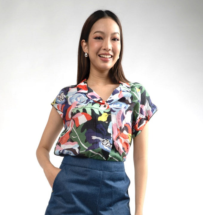 6265B - Hawaii Shirt Short Sleeves with Monstera Leaves Printing
