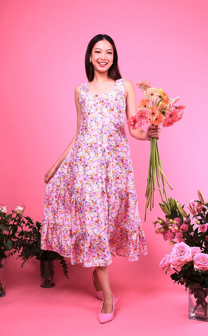 6282D Sun Dress Sleeveless & Square Neck with Multi Pink Floral