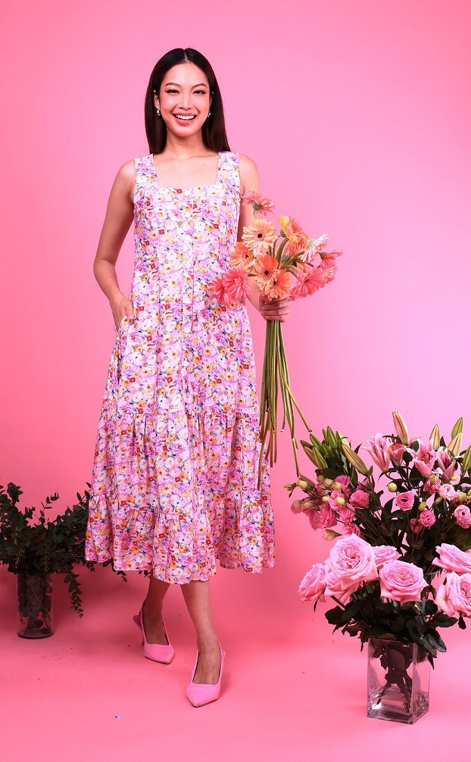 6282D Sun Dress Sleeveless & Square Neck with Multi Pink Floral