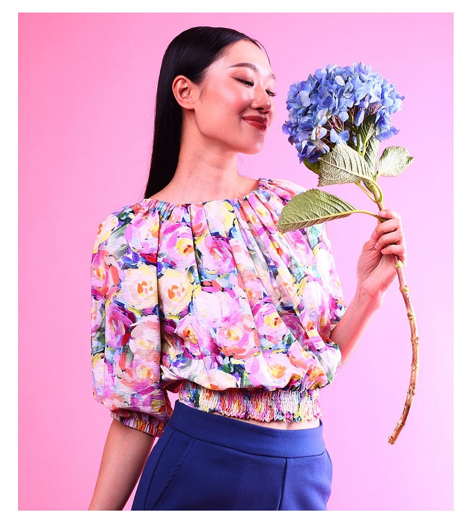 6286B - Wide Neck Pleated Blouse L/S