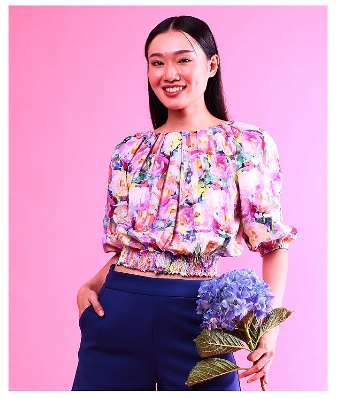 6286B - Wide Neck Pleated Blouse L/S