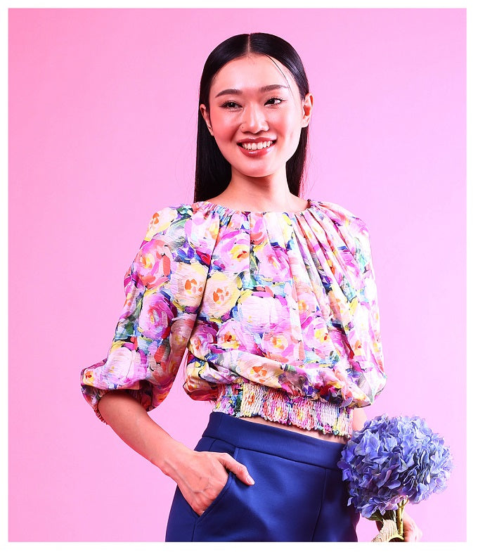 6286B - Wide Neck Pleated Blouse L/S